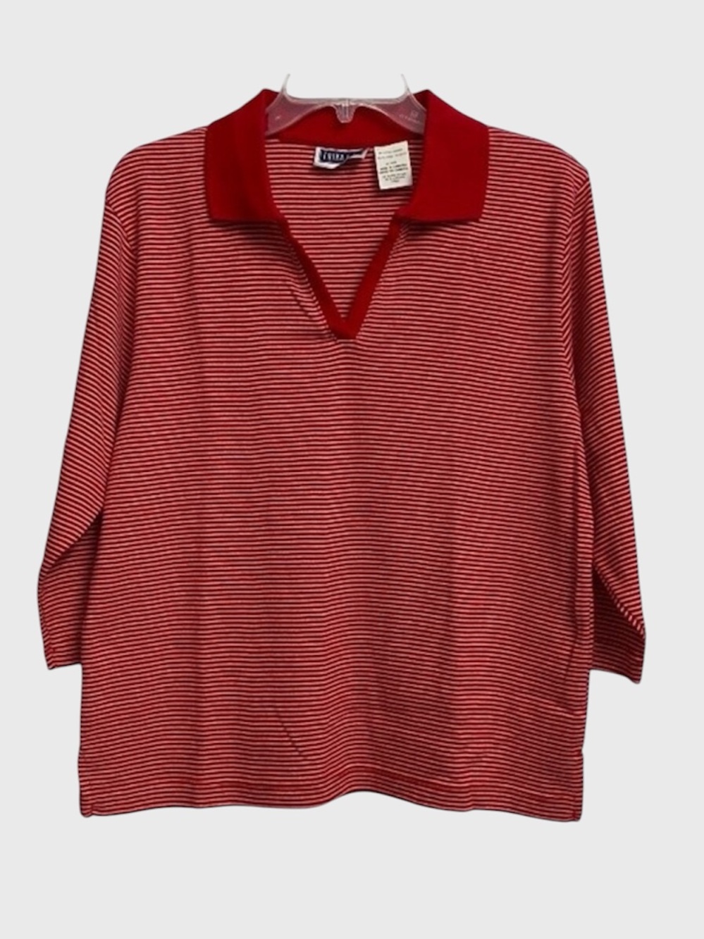 Erika & Co Women's Polo V-Neck Shirt Size L Red White Stripes 3/4 Sleeves Casual